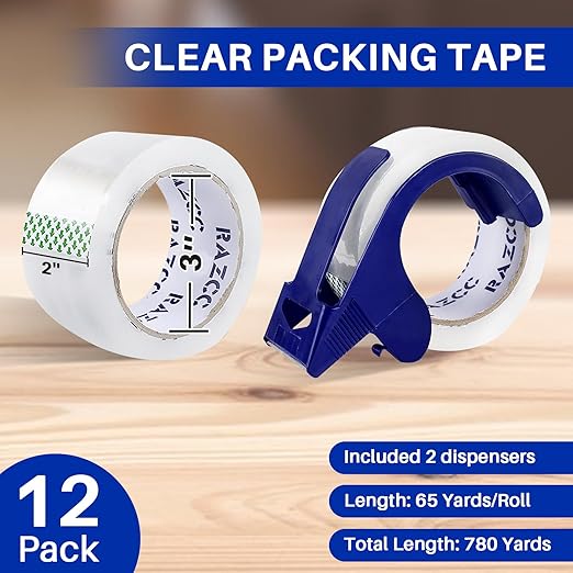 Clear Packing Tape, 12 Rolls Heavy Duty Packaging Tape with Dispensers for Packing Shipping Moving and Sealing, Thicker Packing Tape-2" x 65 Yards Per Roll, 780 Total Yards
