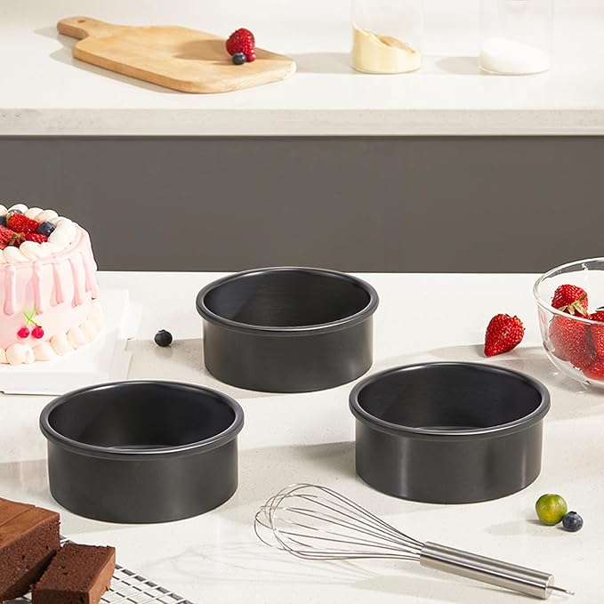 HONGBAKE 6 Inch Round Cake Pan Set for Baking with 30 Pieces Parchment Paper, Nonstick Deeper Circle Cake Pans with Wider Grips, 3 Pieces Layer Cake Tin, Cheesecake Mold, Huty Duty - Grey