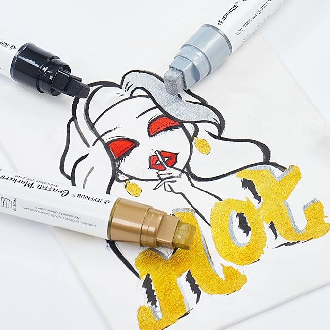 Paint Markers White/Black/Gold/Silver, 4Pcs Jumbo Acrylic Paint Markers Fat Wide Nibs 15mm, Acrylic Paint Pens for Stone, Metal, Wood, Glass, Canvas, Posters Supplies