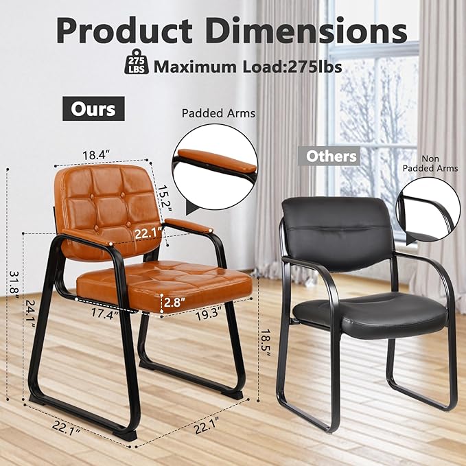 CLATINA Office Guest Chair, Leather Reception Chairs with Padded Arms, Desk Chair No Wheels Stationary for Conference Lobby Waiting Room Training Side Elderly, Set of 2-Orange