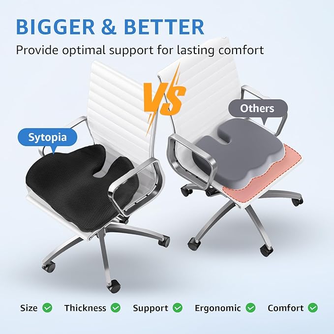 Extra Large Office Chair Cushion, 19" x 17" Ergonomic Memory Foam Seat Cushion for Tailbone, Back, Sciatica & Hip Pain Relief, Booster Pad for Sitting & Driving, Removable Washable Cover, Black