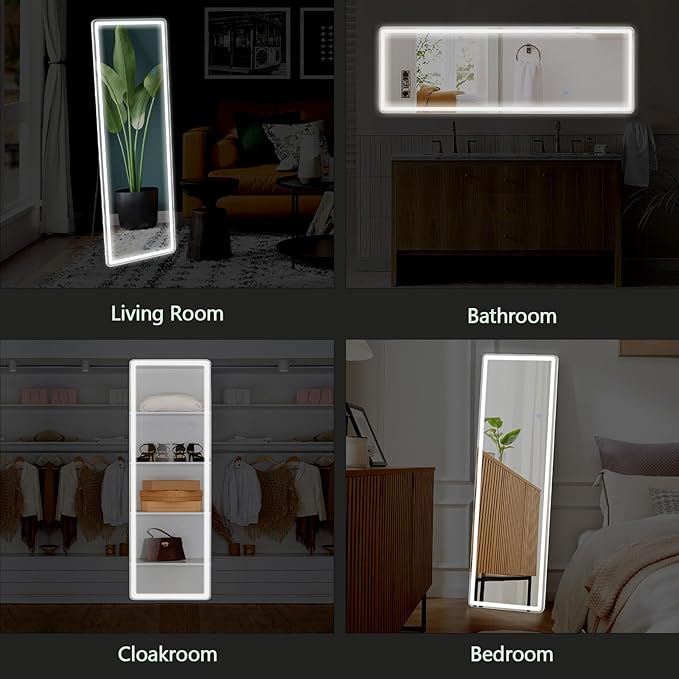 64"x21" Full Length Mirror with LED Lights, Lighted Full Body Mirrors, Aluminum Frame Mirror with Dimming & 3 Color Lighting, Hanging Mounted Mirrors for Bedroom Dressing Room Cloakroom