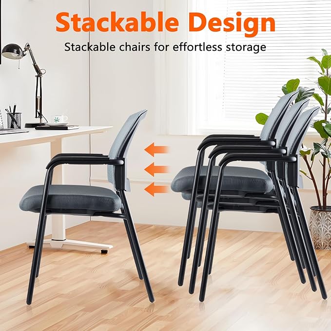 CLATINA Office Reception Guest Chair Mesh Back Stacking with Ergonomic Lumbar Support and Thickened Seat Cushion for Waiting Conference Room Gray 4 Pack