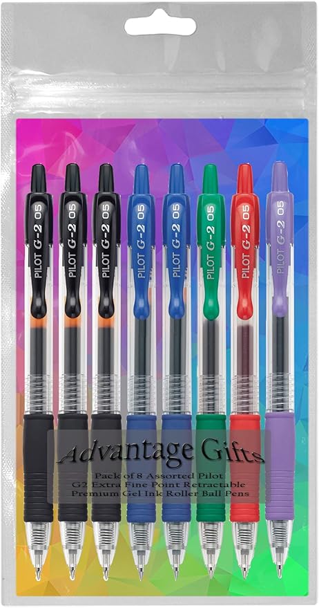 G2 Retractable Premium Gel Ink Roller Ball Pens Extra Fine Point (.5mm) Black/Blue/Red/Green/Purple Ink 8 pack; Refillable & Premium Comfort Grip Bundle with Plastic Reusable Pouch