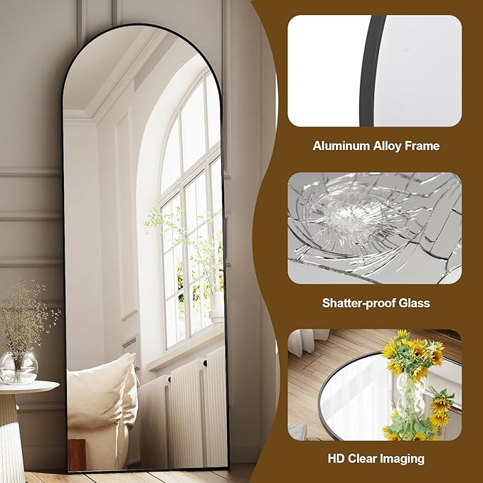 Full Body Mirror 26x71 inch Arched Full Length Mirror with Stand Aluminum Wall Mounted Hanging or Leaning Standing Mirrors,Black