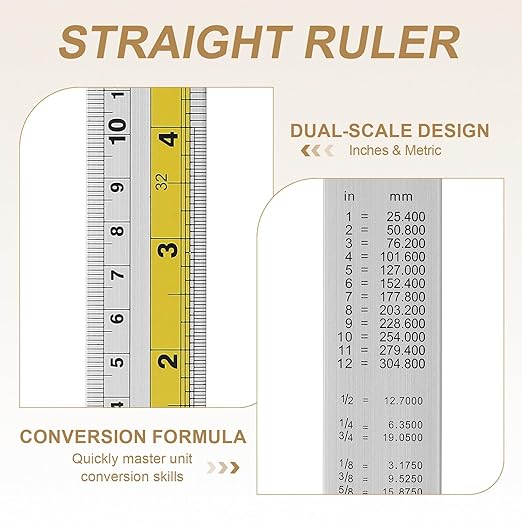 HARFINGTON 4pcs Metal Straight Ruler 30cm Metric SAE Aluminum Alloy Measuring Rulers Scale Tool with Hole for Measure Study Reading Classroom Office, Yellow