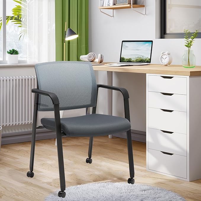 CLATINA Mesh Back Stacking Arm Chairs with Upholstered Fabric Seat and Ergonomic Lumbar Support for Office School Church Guest Reception (WithWheels Gray- 2 Pack)