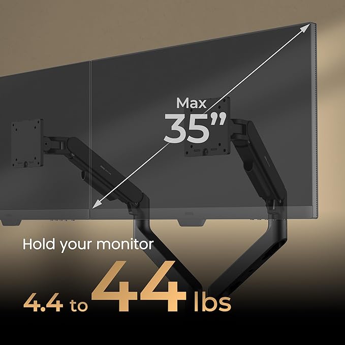 BenQ BDH01 Dual Monitor Arm -Gas Spring Monitor Stand for 2 Screens Up to 35'' & 44lbs, Heavy Duty, Quick Installation, No Sagging, Top Clamp and Grommet Base, Reinforcement Plate, VESA 75x75 &100x100