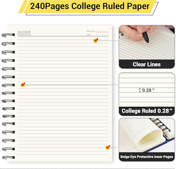 EUSOAR Blue Journal, 1 Pack A5 5.5"x8.3" Hardcover Spiral Lined Notebook College Ruled, 240 Pages(120 Sheets) Writing Pads Professional Notebook for DIY Note Taking School Business Work Office Diary