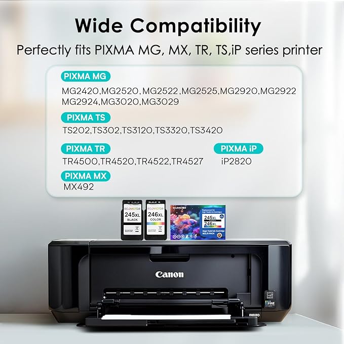 Eco-Friendly Ink Cartridge Replacement for Canon 245XL 246XL Black and Color Combo 2 Pack 245 246 PG-245 CL-246 XL for PIXMA TR4520 TR4522 TR4500 TS3320 MX492 MG2522 MG2920 MG3029 Printer
