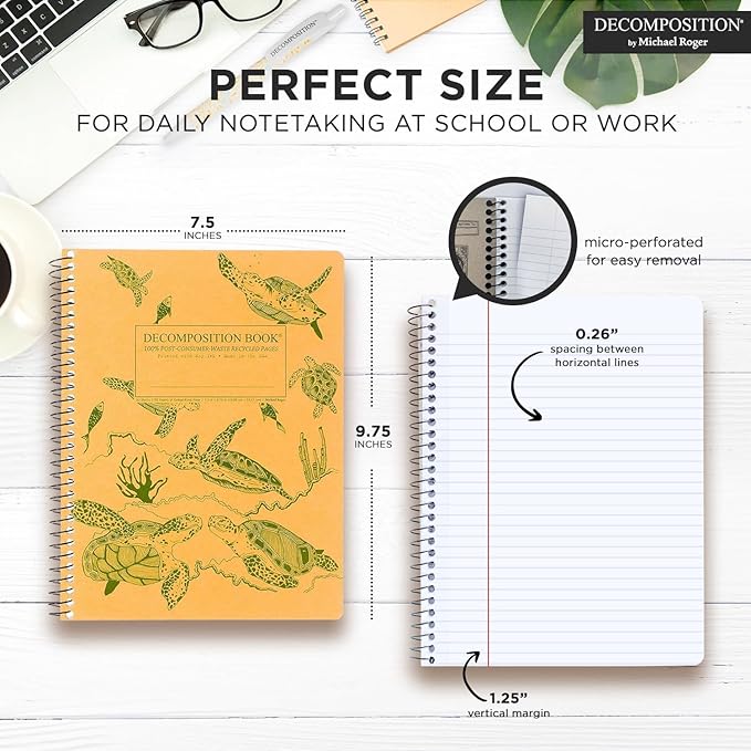 Decomposition Sea Turtles College Ruled Spiral Notebook - 9.75 x 7.5 Journal with 160 Lined Pages - 100% Recycled Paper - Cute Notebooks for School Supplies, Home & Office - Made in USA