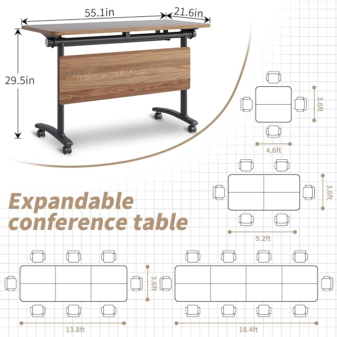 Folding Conference Table, Modern Conference Room Tables with Flip-Top Design, Foldable Conference Table Meeting Table with Wheels, Mobile Seminar Training Tables for Office Classroom (4, Walnut 2)