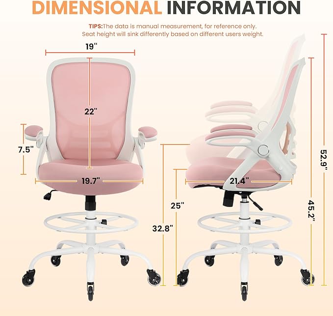 HYLONE Drafting Chair Tall Office, Ergonomic Standing Desk Stool Adjustable Drafting Chair Big Tall Drafting Office Chair Pink
