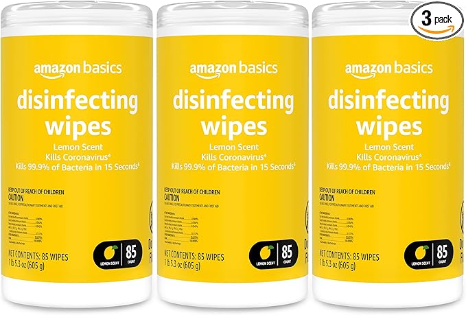Amazon Basics Wipes, Lemon Scent, for Sanitizing, Cleaning & Deodorizing, 255 Count (3 Packs of 85)