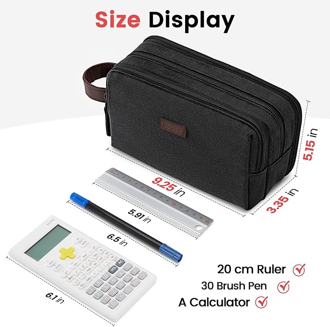 Sooez Large Pencil Case Pouch, Extra Big Pencil Pouch Pencil Bag with PU Handle & Zipper, Sturdy Pen Case with 3 Compartments, Aesthetic School College Supplies Organizer for Men Women Boys, Dark Gray
