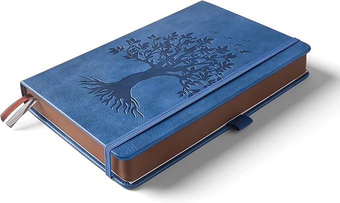 ZXHQ A5 360 Pages Lined Journaling Notebooks with Pen, Journals for Women Men Writing Notebook, Tree of Life Design, Brown Edge Fine Inner Pocket - Blue