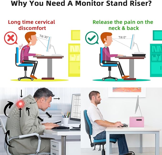Marbrasse Monitor Stand Riser, 16.5 Inch 2 Tier Computer Printer Shelf Stand for Laptop Computer Screen Storage, Desktop Stand with Phone Holder and Cable Management (Pink)