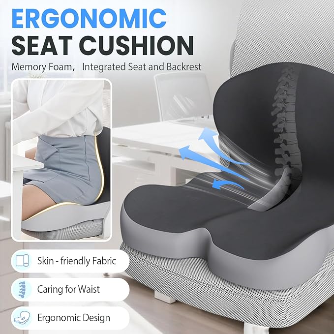 Back and Seat Cushion, 2025 New Ergonomic Non-Slip Memory Foam Seat Cushion with Back Support, L-Shaped Breathable Seat Cushions for Car, Office, Home (Blue)