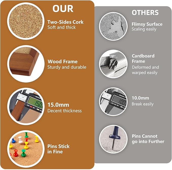 Cork Boards for Wall 16” x 24”, Extra Wide Wooden Framed Bulletin Board, Decorative Hanging Pin Board, Corkboards for Wall Notice Board Memo Board for Home, School, Office, Two-Sides Cork