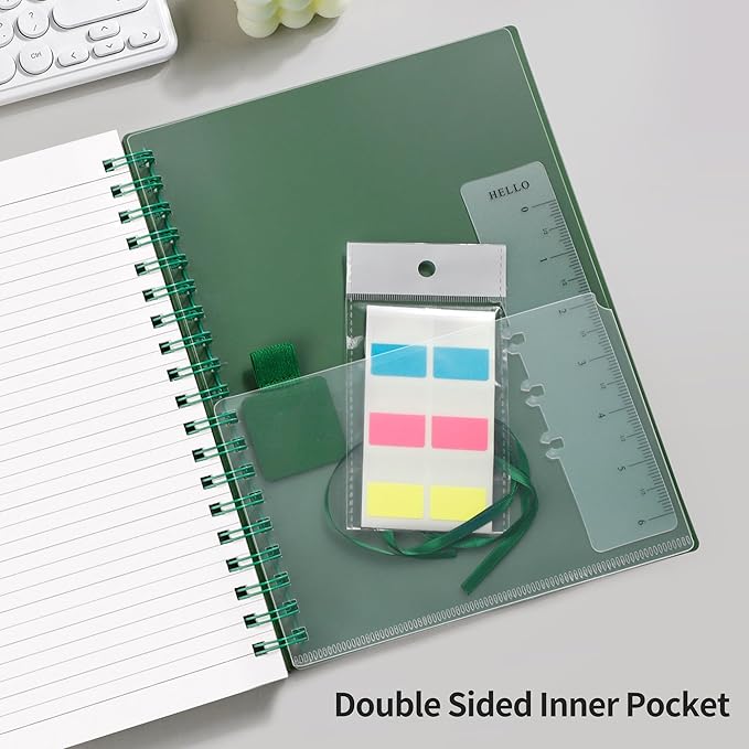 RETTACY Spiral College Ruled Notebook, 300 Pages, A5 Medium Size (5.7" x 8.2"), for School, Work, Writing, Journaling, 100 GSM Thick Paper, Flexible Plastic Cover (Dark Green)