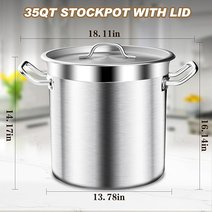 Large Cooking Pot, 35 Quart Heavy Duty Induction Soup Pot With Stainless Steel Lid Commercial Grade Stock Pot for Soup, Stew, Canning, Even Heat Distribution