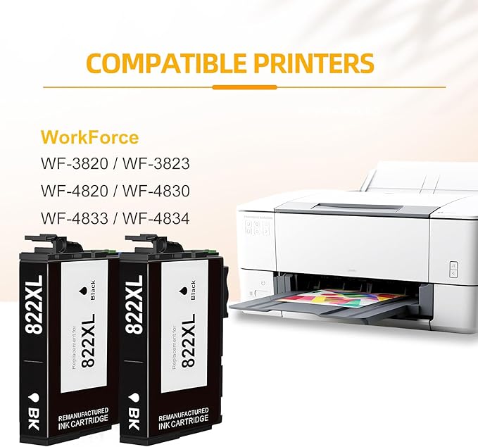 Remanufactured Ink Cartridges Replacement for Epson 822 822XL Ink Cartridges for Workforce Pro WF-3823 WF-4833 WF-4830 WF-4820 (2Black)