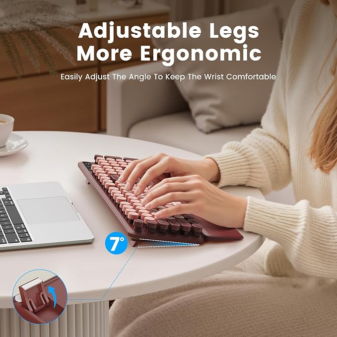SABLUTE Wireless Keyboard, Round Keycaps, Retro Typewriter Keyboard with Detachable Wrist Rest, Sleep Mode, Foldable Legs, 2.4GHz Full-Size Cordless Computer Keyboard for Windows/PC/Laptop (Wine Red)