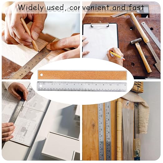 12 Inch Metal Ruler Stainless Steel Metal Ruler with Cork Backing, Non-Slip Rulers with Inch and Centimeters, Straight Edge Cork Base Rulers for Student School Office Drafting Tools