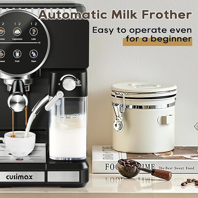 CUSIMAX Expresso Coffee Maker with Milk Frother, Cappuccino Machine Makes Espresso, Cappuccino, and Lattes with One-Touch Ease, and the Manual Mode Makes Creative Coffees with Cleaning Function