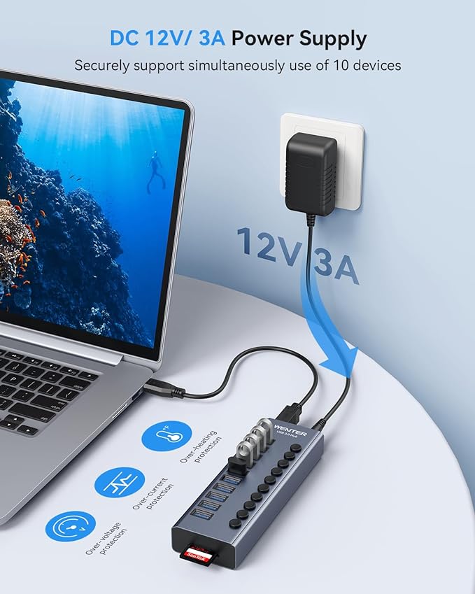 Powered USB 3.0 Hub, Wenter 10 Ports 36W Powered USB Hub, Aluminum USB Splitter with Individual On/Off Switches, SD/TF Card Readers and 12V/3A Power Adapter for PC/Laptops/MacBook Pro/Air/iMac/iPad
