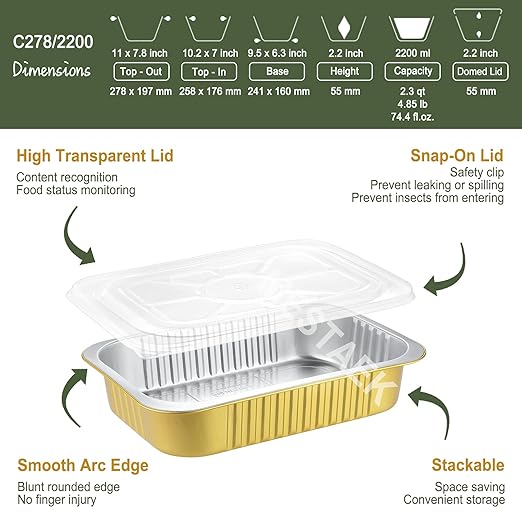 11"x 7.5" Sturdy Aluminum Foil Pans + Lids (5 Pack), 2X Thicker Heavy Duty for Oven, Grill, Microwavable Cooking Baking, Reusable Freezable Dishwasherable Disposable Tin Pot Container 74oz