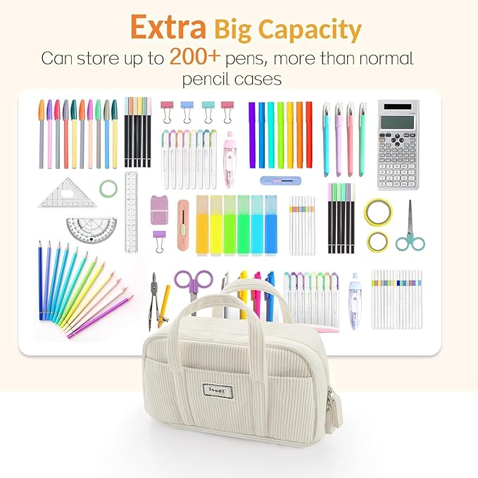 Sooez Large Pencil Case Pouch, Extra Big Pencil Bag with 5 Compartments, Pen Bag Wide Opening, Soft Corduroy Pencil Pouch Organizer with Zipper, Cute Aesthetic School Supplies for Teen Girls-Lilac