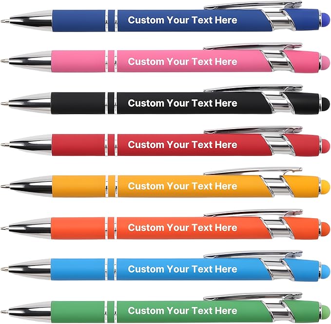Custom Pens Personalized in Bulk – Engraved with Name, Text on Both Sides – Multiple Colors – Black Ink Ballpoint Pens with Stylus – Great for Business, Events, Parties, Marketing, Gifts