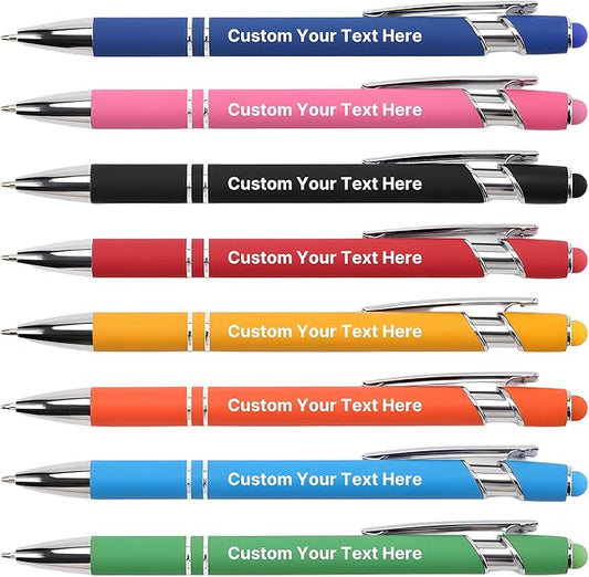 Custom Pens Personalized in Bulk – Engraved with Name, Text on Both Sides – Multiple Colors – Black Ink Ballpoint Pens with Stylus – Great for Business, Events, Parties, Marketing, Gifts