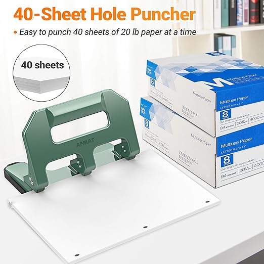 3 Hole Punch Heavy Duty, AFMAT 3 Hole Puncher for Binder, 10000+ Punching Times, 40-Sheet Three Hole Punch, Metal Hole Puncher 3 Ring, 50% Reduced Effort, Bulit-in S.S. Paper Guide, Green