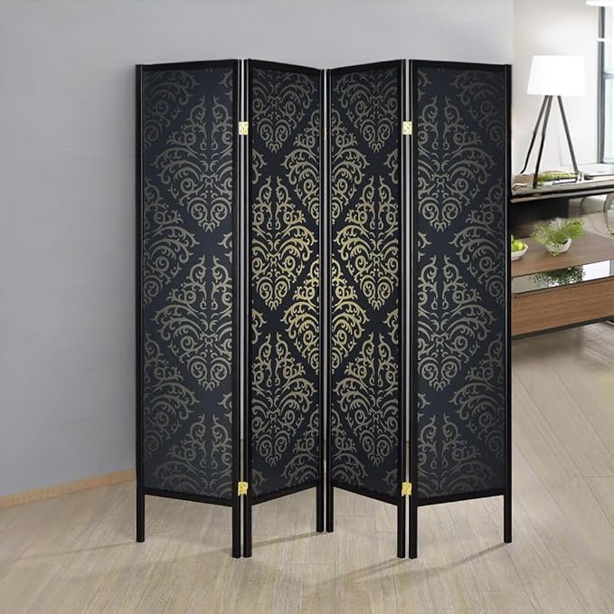 NicBex Room Divider 4 Panel Room Dividers with Damask Print Partition Room Dividers and Folding Privacy Screens Wall Divider for Home, Office, Room Separation,69.5" W x 0.75" D x 70.25" H, Black