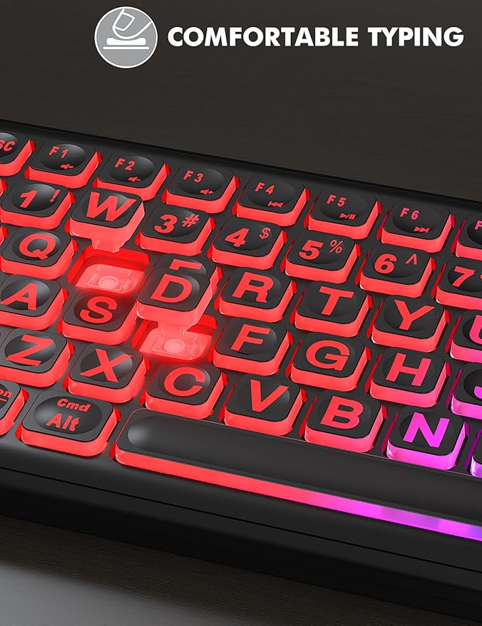 Wireless Keyboard and Mouse Combo - Large Print, RGB Backlit, Oversize Light Up Letters, Rechargeable, Ergonomic Tilt Leg, Sleep Mode, 2.4GHz Quiet Keyboard Mouse for Mac, Windows, Laptop, PC, Trueque