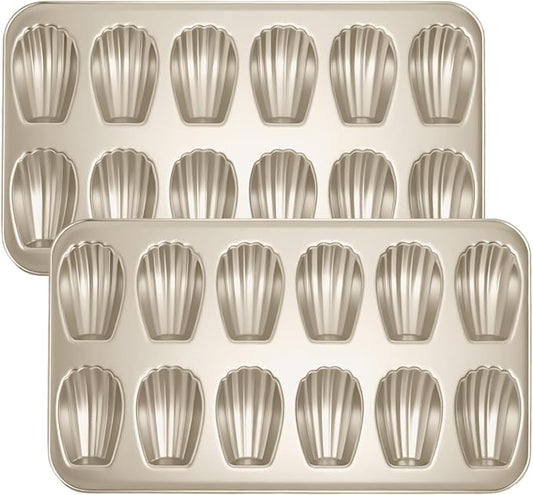 Madeleine Pans Set of 2, Nonstick 12-Cavity Madeleines Mold Cookie Tray for Baking, Heavy Duty Warp Resistant Cute Shell Shape Madeleine Mold Cake Pan-Gold