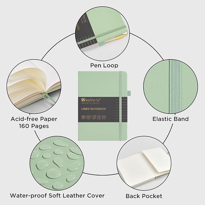 A5 Lined Leather Journal and Pen Set, Hardcover Notebook with Pen, 160 Pages 100gsm Thick Ruled Paper for Women Men Work Business School or Home Writing, 5.7'' x 8'' (Light Green)