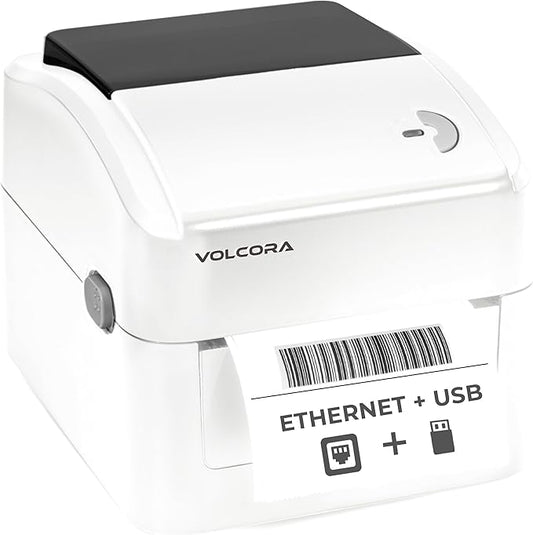Volcora Thermal Label Printer with Ethernet/USB - Desktop 4x6 Shipping Label Printer, Compatible with Windows, Linux, Mac - Ideal for Small Business, Inkless Printer for Shipping Packages (White)
