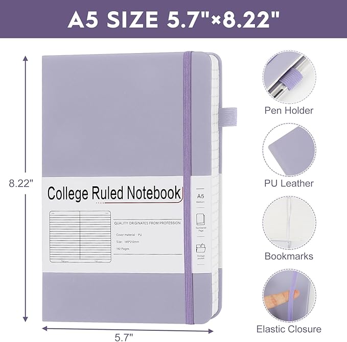 A5 Lined Journal Notebooks for Work, 192 Pages, Medium 5.7 x 8.3inch, College Ruled, Vegan Leather Hardcover Journals for Women Men,3 Pack