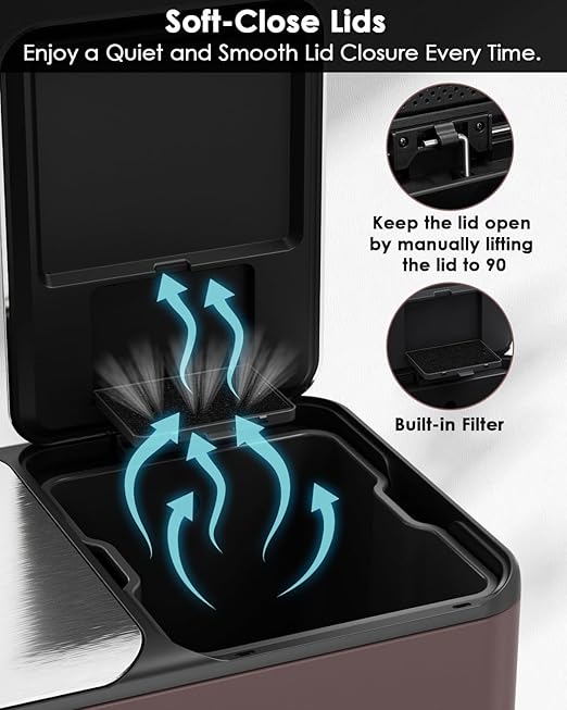 Arlopu 16Gal Dual Trash Can w/2 Built-in Box for Odor Control, Hands-Free Kitchen Garbage Bin, Recycle Waste Dustbin, Soft-Close Lid, 2 Buckets,Foot Pedal, Side Handle, Airtight,for Home Office