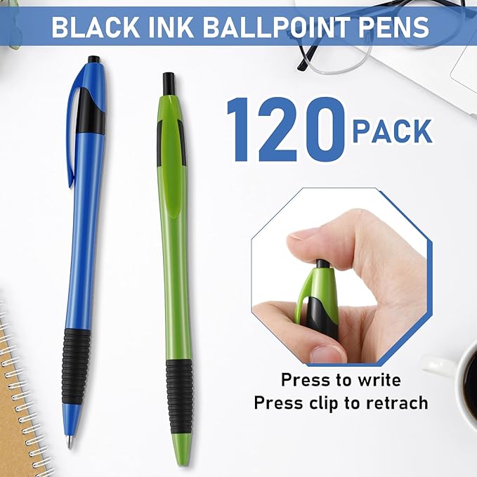 120 Pack Ballpoint Pens Bulk Retractable Ballpoint Pen 1.0mm Medium Point Black Ink Smooth Writing Soft Gripped No Smear for Teacher School Office Journaling Supplies, 6 Colors