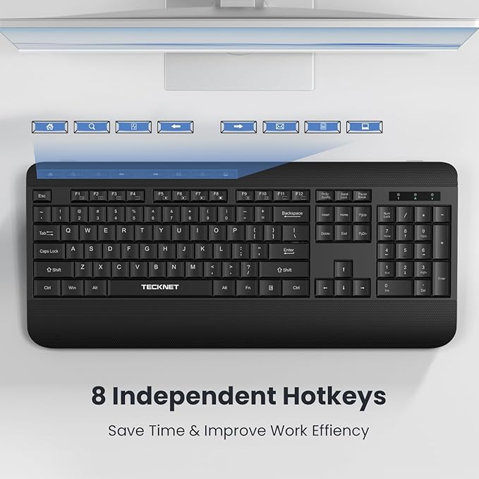 TECKNET Ergonomic Wireless Keyboard for Laptop, 2.4G USB Silent Computer Keyboard with Comfortable Palm Rest & Adjustable Feet Stand for Desktop, PC, Notebook, Surface and Windows, Full Size Layout