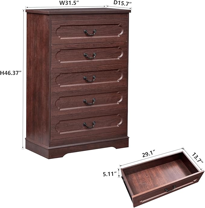 LIDYUK 5 Drawer Dresser for Bedroom Farmhouse Cherry Wood Chest of Drawers for Bedroom Dresser, Rustic 46" Tall Wide Drawers Dressers Wooden Closet Storage Cabinet, Hallway, Living Room