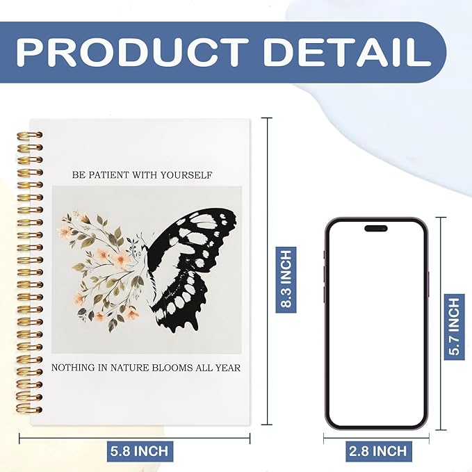 SNNDER Inspirational Butterfly Notebook Journal, Be Patient with Yourself Therapy Mental Health Journal for Women, Encouragement Gifts for Women, Hardcover Spiral Notebooks 5.5x8.3 Inch