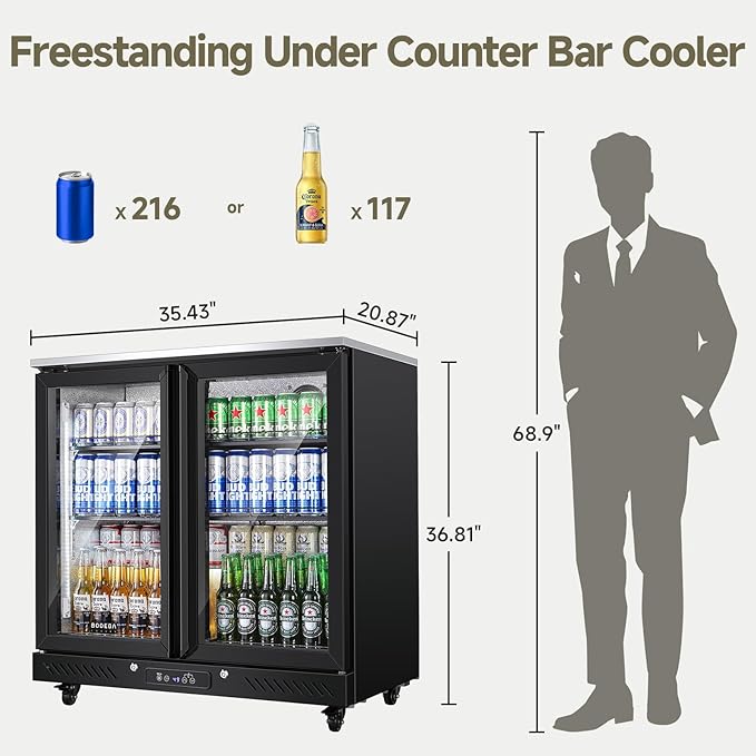 BODEGACOOLER Back Bar Cooler with 2 Glass Doors,7.7Cu.ft Commercial Bar Beverage Refrigerator Under Counter LED Lighting for Soda Drinks,Beer,Wine with Stainless Steel Top,DOE Approved,4 Casters