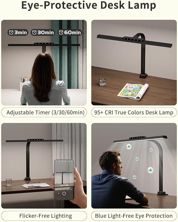LED Desk Lamps for Home Office, 24W Bright Eye-Caring Desk Light with Clamp, Stepless Dimming Adjustable Flexible Gooseneck Clip on Office Lamp with Adapter for Reading, Study, Workbench,White