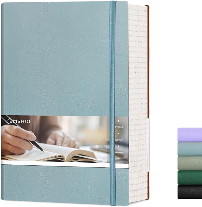 EMSHOI A4 College Ruled Notebook Journal- 400 Pages (200 sheets), 7mm Spacing & Vegan Leather Cover for Work, School, Bible Study, Bullet Journaling- with Sticky Notes, Pocket & Pen Holder - GrayBlue