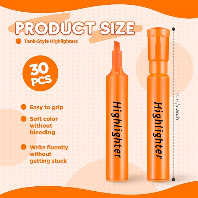 Qilery 30 Pack Highlighters Bulk, Tank Style Chisel Tip Highlighters Markers Quick Drying for Kids and Adult Coloring, Classroom Home Office School Supplies (Orange)